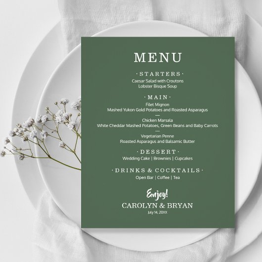Einfaches elegantes Evergreen Wedding Menu