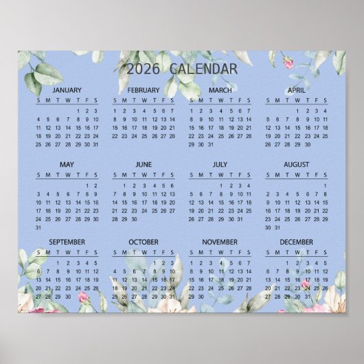 Einfaches Elegantes Florales Botanisches Kalender  Poster (Vorne)