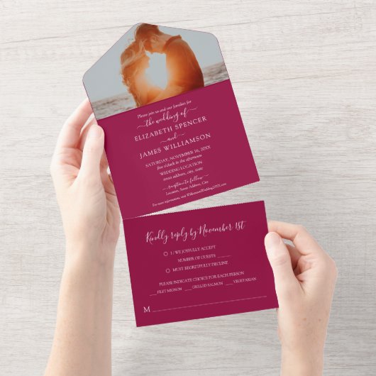 Einfaches elegantes Foto Hochzeit RSVP Cranberry All In One Einladung (Abreißen)