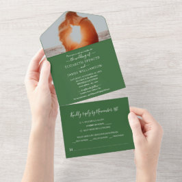 Einfaches elegantes Foto Hochzeit RSVP Green All In One Einladung