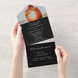 Einfaches elegantes Foto Hochzeit RSVP Schwarz und All In One Einladung