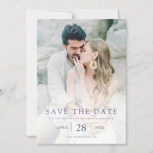 Einfaches elegantes Foto mit blauem Text Save the Magneteinladung (Vorderseite)