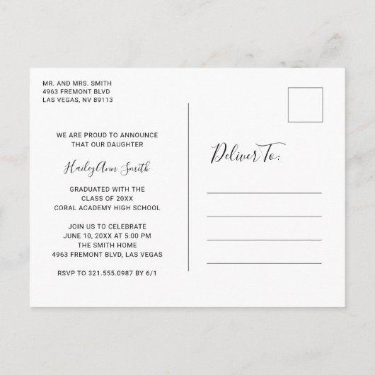 Einfaches elegantes Foto Moderner Abschluss Ankündigungspostkarte (Rückseite)