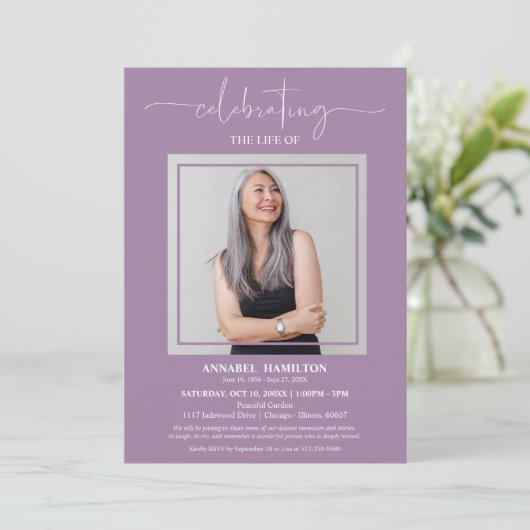 Einfaches elegantes Foto zur Beerdigung des Lebens Einladung (Stehend Vorderseite)