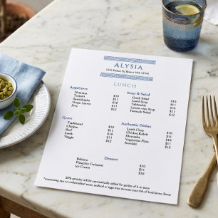 Einfaches elegantes griechisches Restaurant Mittag Menükarte