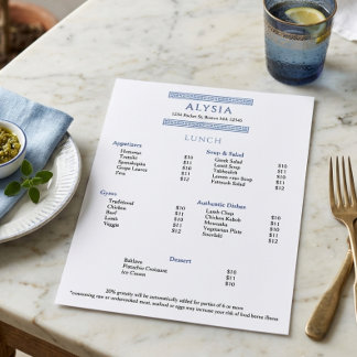 Einfaches elegantes griechisches Restaurant Mittag Menükarte
