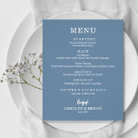 Einfaches, elegantes Hochzeitmenü mit Slate Blue<br><div class="desc">Eine kleine, preisgünstige, preiswerte, mit Tonschiefer-Blau-Dinner-Menükarte mit Ihren Speisen in schick weißer Schrift ist ideal für einen modernen Hochzeitsempfang, ein Hochzeitsdinner, ein Jubiläum-Party oder ein besonderes Abendessen mit einem Sitzabend. *Maßnahmen 4, 5" x 5, 6" (oder wählen Sie aus 2 anderen Größen), bedruckt auf 110 lb. Umschläge sind gegen Aufpreis...</div>