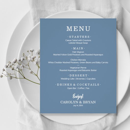 Einfaches, elegantes Hochzeitmenü mit Slate Blue