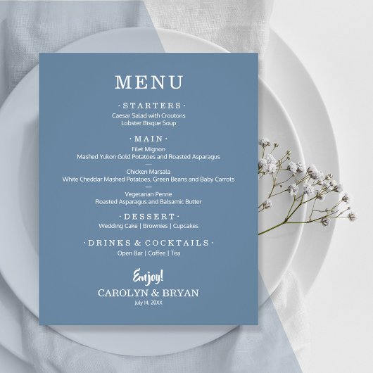 Einfaches, elegantes Hochzeitmenü mit Slate Blue Flyer