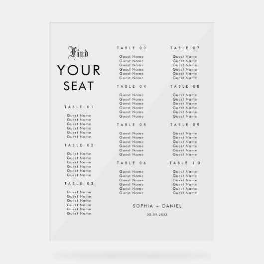 Einfaches elegantes Hochzeitsdiagramm - Akryllisch Acrylschild (Vorderseite)