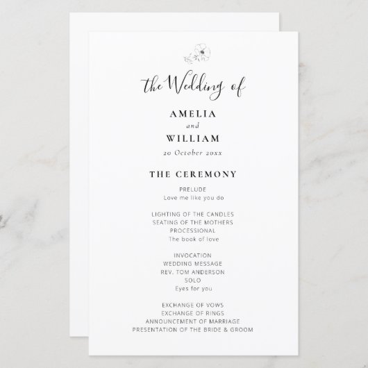 einfaches, elegantes Hochzeitsprogramm (Vorne/Hinten)