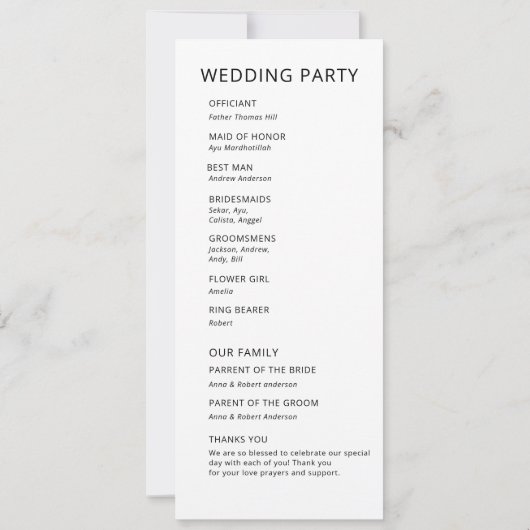 Einfaches elegantes Hochzeitsprogramm (Rückseite)