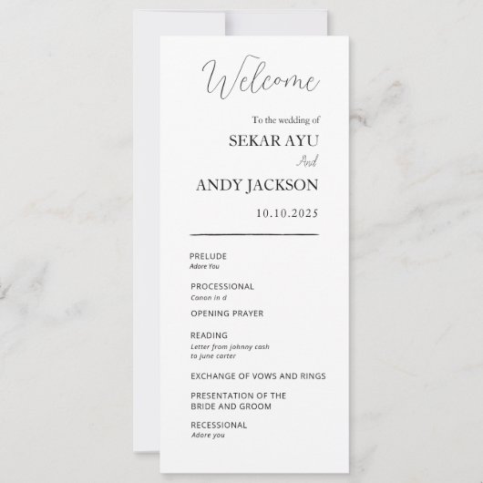 Einfaches elegantes Hochzeitsprogramm (Vorderseite)