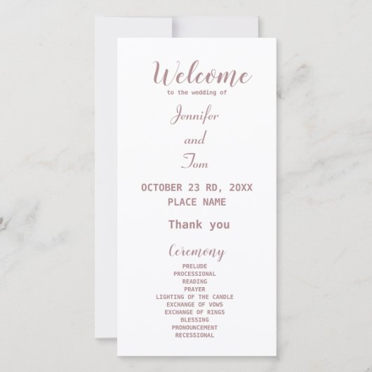 einfaches, elegantes Hochzeitsprogramm für Rose (Vorderseite)