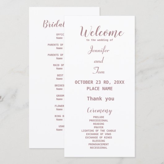 einfaches, elegantes Hochzeitsprogramm für Rose (Vorne/Hinten)