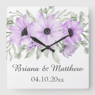 Einfaches elegantes lila Blumen-Hochzeitsdusche-Ge Quadratische Wanduhr
