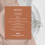 Einfaches elegantes Menü auf der Terracotta Weddin<br><div class="desc">Die Speisekarte des Terrakotta-Desserts umfasst schicke, weiße Schriftzüge. Ideal für einen modernen Hochzeitsempfang, ein Hochzeitsdinner, ein Jubiläum-Party oder ein besonderes Probe mit einem Dinner. Ein ausgezeichneter Wert, gedruckt auf dünneren 80lb Gewicht unbeschichtetes, mattes weißes Papier mit einem Gewicht von 4, 5" x 5, 6", aber Sie können aus 3 Papiergrößen...</div>