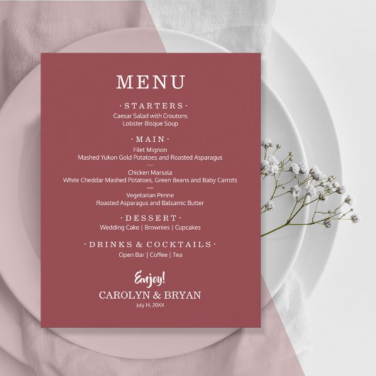 Einfaches elegantes Menü der Terra Rose Wedding