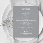 Einfaches elegantes Menü für Hochzeiten<br><div class="desc">Eine preisgünstige, preisgünstige Karte mit grauem Dinner-Menü, die Sie in eleganten, weißen Schriftzeichen genießen können, eignet sich ideal für einen modernen Hochzeitsempfang, ein Hochzeitsdinner, ein Jubiläum-Party oder ein besonderes Dinner. *Maßnahmen 4, 5" x 5, 6" (oder wählen Sie aus 2 anderen Größen), bedruckt auf 110 lb. Umschläge sind gegen Aufpreis...</div>