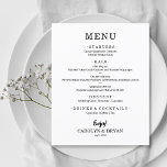 Einfaches, elegantes Menü für Hochzeiten<br><div class="desc">Eine preisgünstige, preiswerte Dinner-Karte mit kulinarischen Köstlichkeiten in schicker Schrift eignet sich hervorragend für einen modernen Hochzeitsempfang, ein Hochzeitsdinner, ein Jubiläum-Party oder ein besonderes Abendessen mit einem Sitzabend. Maßnahmen 4, 5" x 5, 6" (oder wählen Sie aus 2 anderen Größen) auf 110 lb. Umschläge gegen Aufpreis erhältlich. Der Live Design...</div>