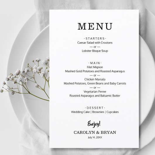 Einfaches elegantes Menü für Hochzeiten