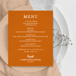Einfaches elegantes Menü von Burnt Orange Wedding<br><div class="desc">Die Speisekarten des verbrannten Orangen-Dinners sind ein preiswertes Papier mit einem Gewicht von 80 lb. und bieten eine Auswahl an Speisen in elegantem weißem Schriftzeichen. Ideal für einen modernen Hochzeitsempfang, ein Hochzeitsdinner, ein Jubiläum-Party oder eine besondere Veranstaltung mit einem Sit-down-Dinner. Maßnahmen 4, 5" x 5, 6" (oder aus 2 anderen...</div>