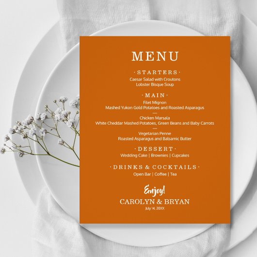 Einfaches elegantes Menü von Burnt Orange Wedding