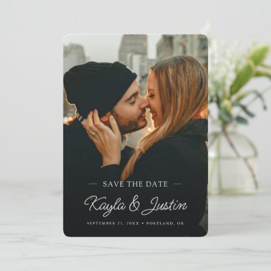 Einfaches elegantes, modernes Foto für den Weißtex Save The Date (Stehend Vorderseite)