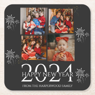 Einfaches Elegantes Modernes Happy New Year Vier F Rechteckiger Pappuntersetzer