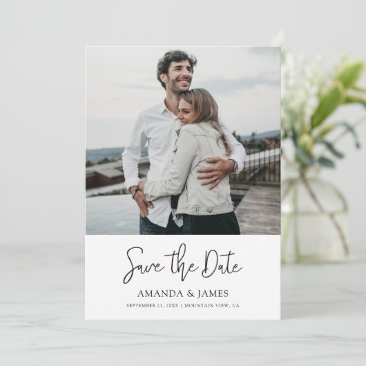 Einfaches elegantes, modernes Script-Foto Save the Date (Stehend Vorderseite)