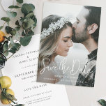 Einfaches elegantes, modernes Script-Foto Save the Save The Date<br><div class="desc">Dieses schlichte Foto Hochzeit speichern Sie das Datum der Flachkarte hat ein warmes, minimalistisches Design. Die Vorderseite bietet einen lebendigen, modernen Save the Date Text über Ihren Vornamen und Datum- und Hochzeitsort. Auf der Rückseite haben wir den Hintergrund als transparent Set, sodass die Papierfarbe als Grundfarbe dient. Sie können eine...</div>