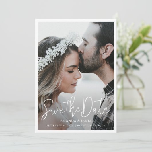 Einfaches elegantes, modernes Script-Foto Save the Save The Date (Stehend Vorderseite)