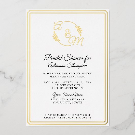 Einfaches elegantes Monogram White n Gold Brautpar Folieneinladung (Vorderseite)