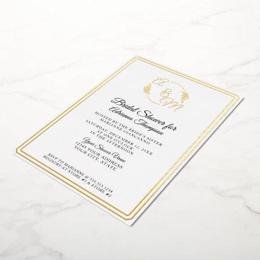 Einfaches elegantes Monogram White n Gold Brautpar Folieneinladung (Gedreht)