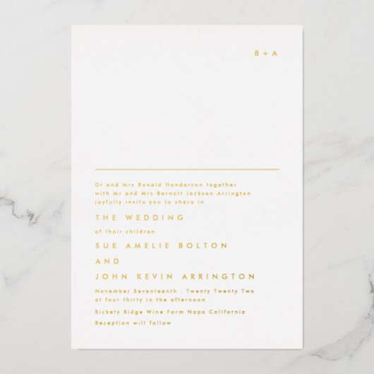 Einfaches, elegantes Monogramm-Gold-Text Folieneinladung (Vorderseite)