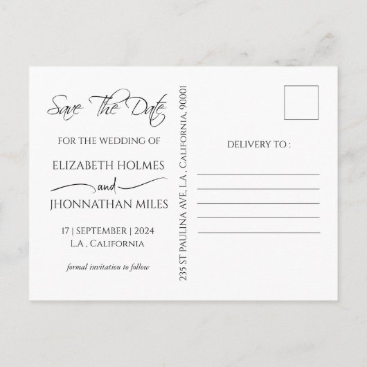 Einfaches elegantes Monogramm Save the Date Ankündigungspostkarte (Rückseite)