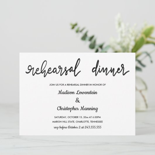 Einfaches elegantes Probe-Dinner Handgeschriebenes Einladung (Stehend Vorderseite)