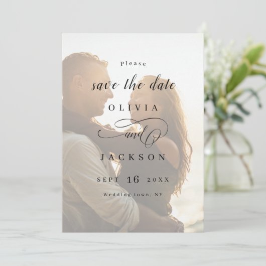 Einfaches elegantes, romantisches Skript-Foto Save The Date (Stehend Vorderseite)