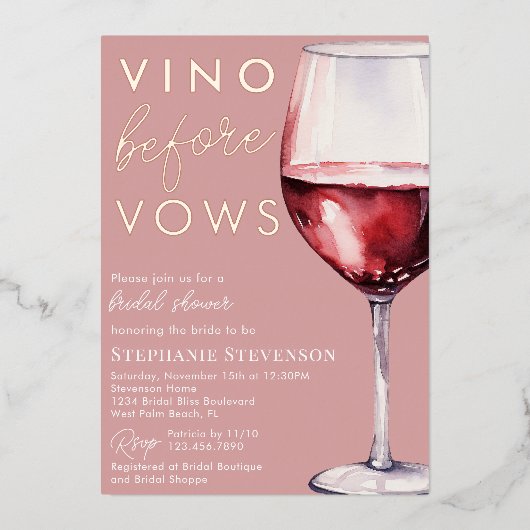Einfaches elegantes Rosa Vino vor Vows Brautparty Folieneinladung (Vorderseite)