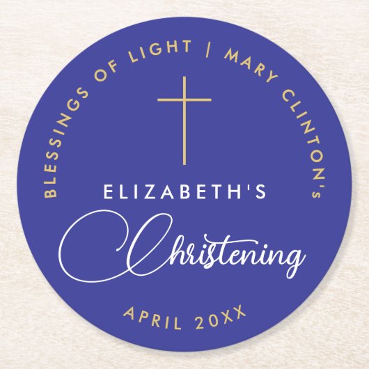 Einfaches elegantes Royal Blue Faith Taufe Gold Cr Runder Pappuntersetzer (Vorderseite)