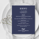 Einfaches elegantes Sapphire Blue Wedding Menü<br><div class="desc">Eine kleine, preisgünstige, preiswerte, saphir blaue Dinner-Karte mit kulinarischen Köstlichkeiten in schicken, weißen Schriftzeichen ist ideal für einen modernen Hochzeitsempfang, ein Hochzeitsdinner, ein Jubiläum-Party oder eine besondere Veranstaltung mit einem Sitzabend. *Maßnahmen 4, 5" x 5, 6" (oder wählen Sie aus 2 anderen Größen), bedruckt auf 110 lb. Umschläge sind gegen...</div>