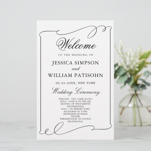 Einfaches elegantes Schwarz-Weiß-Hochzeitsprogramm (Stehend Vorderseite)