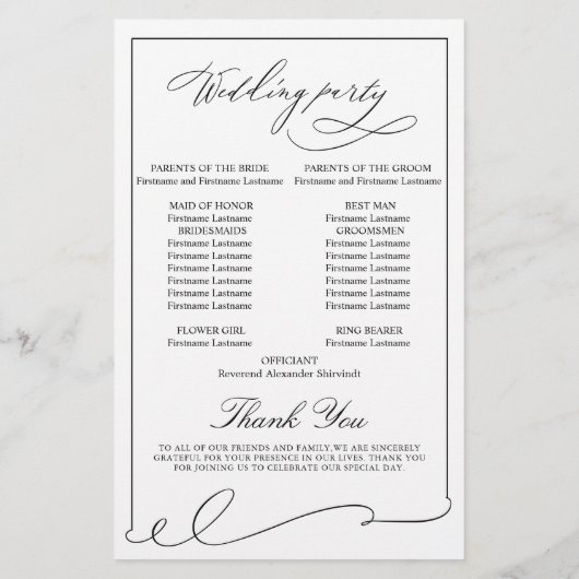 Einfaches elegantes Schwarz-Weiß-Hochzeitsprogramm (Rückseite)