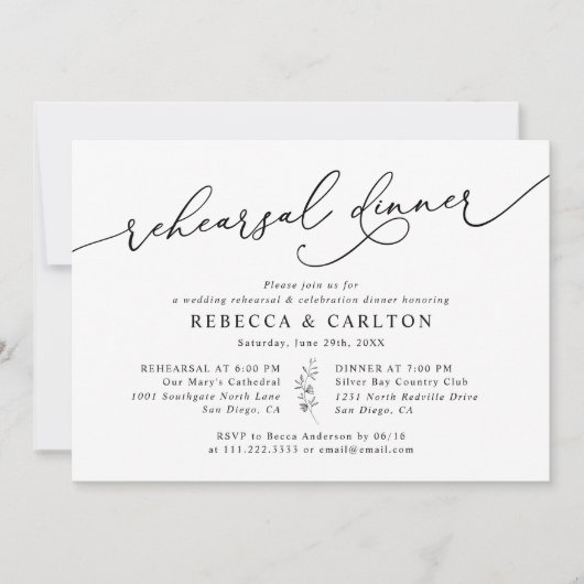 Einfaches elegantes Schwarz-Weiß-Probe-Dinner Einladung (Vorderseite)