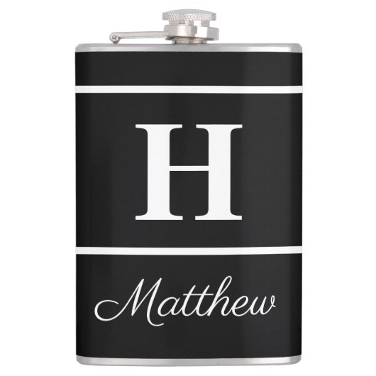 Einfaches elegantes Schwarz-weißes Monogramm Mit M Flachmann (Vorderseite)