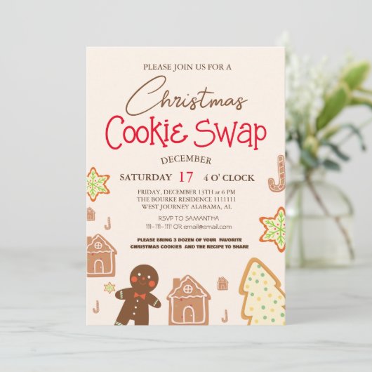 Einfaches elegantes Script Cookie Swap Weihnachts- Einladung (Stehend Vorderseite)