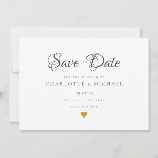 Einfaches elegantes Script Gold Heart Save the Dat Date (Vorderseite)