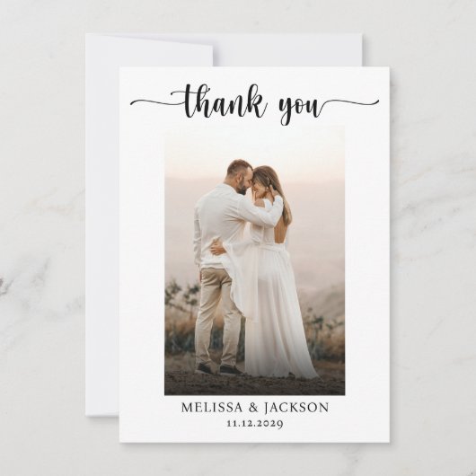Einfaches, elegantes Script-Hochzeitungs-Foto Dank Dankeskarte (Vorderseite)