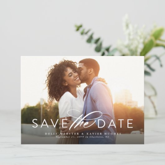 Einfaches elegantes Skript-Foto Save the Date (Stehend Vorderseite)
