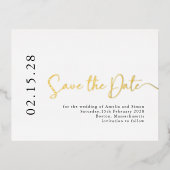 Einfaches elegantes Skript Save the Date Real Gold Folie Einladungspostkarte (Vorderseite)